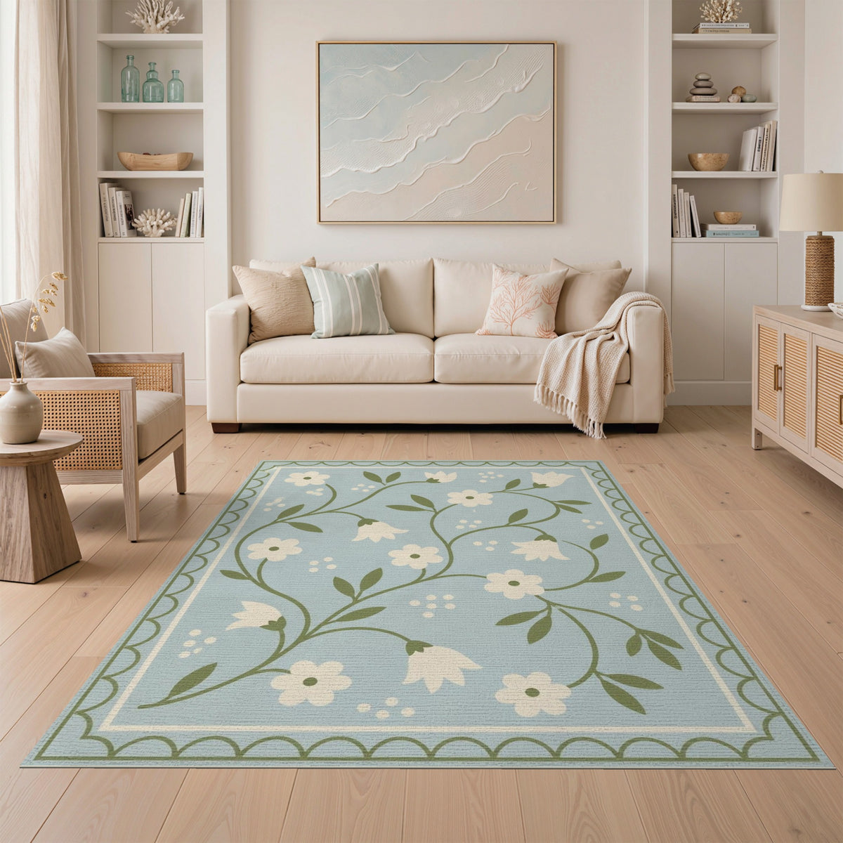 Blue Floral Scalloped Vintage Rug