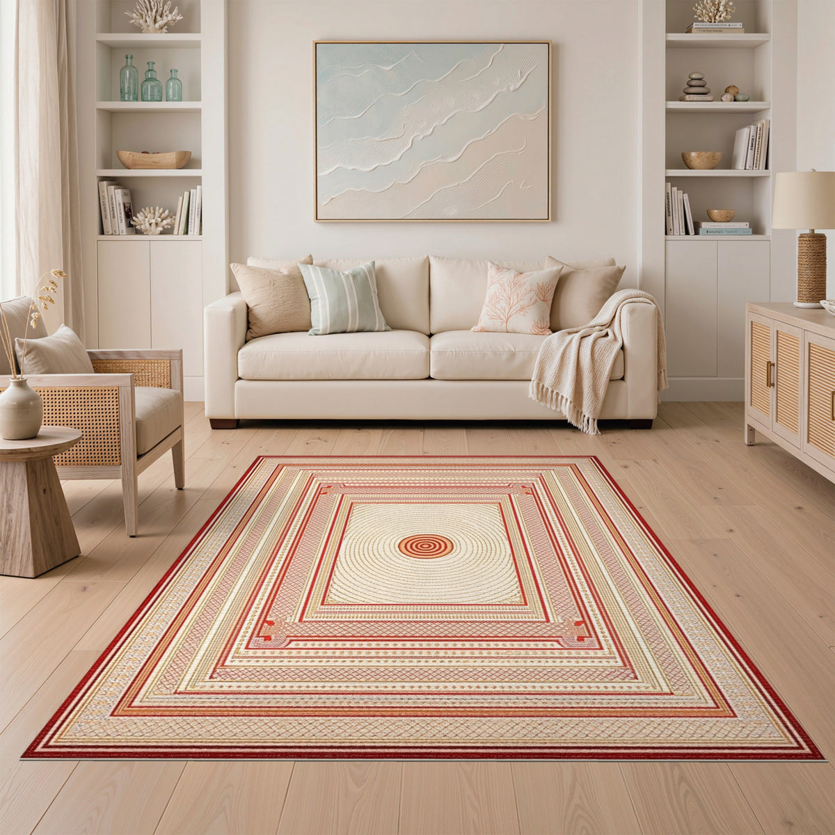 Red Geometric Concentric Circle Area Rug