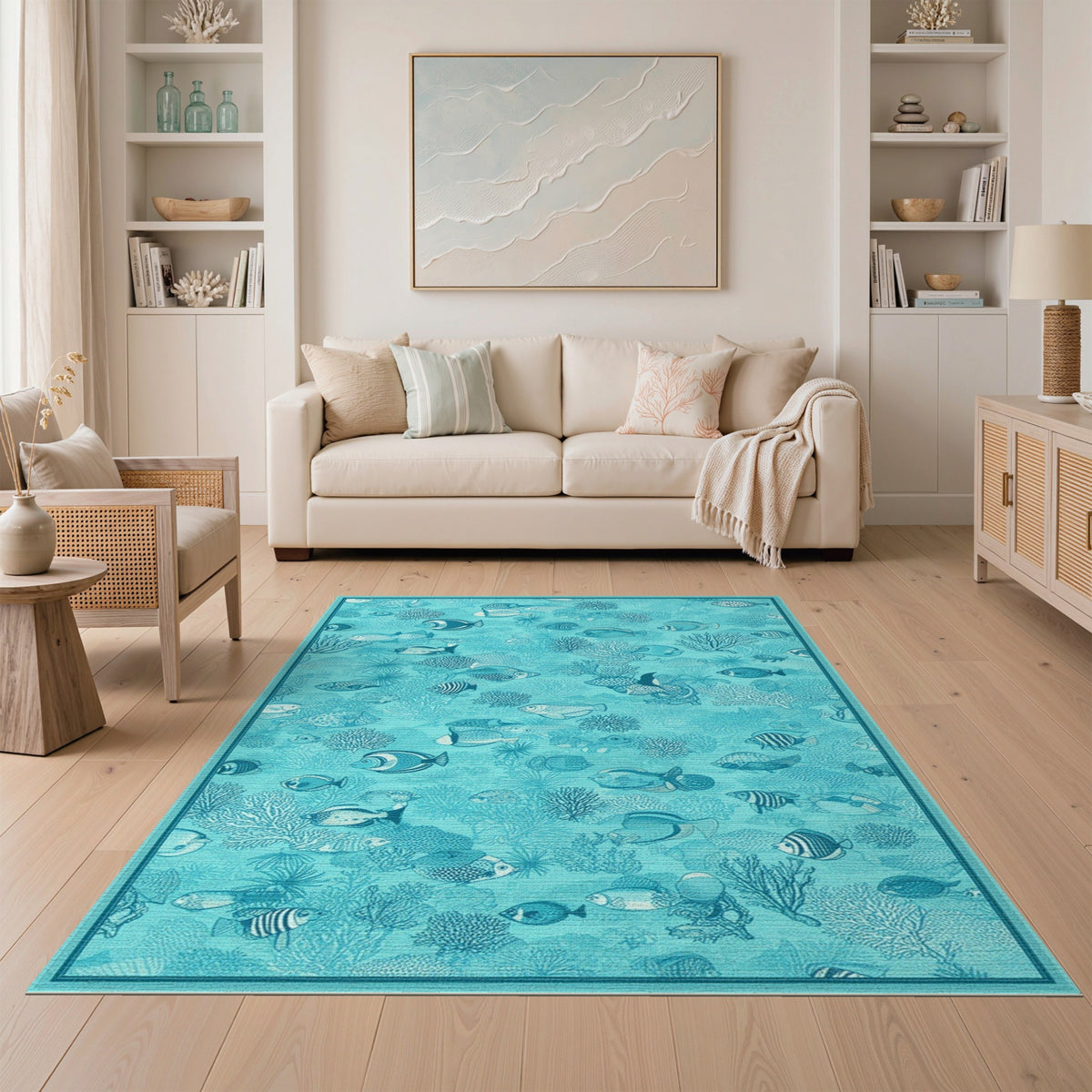 Teal Ocean Fish Coral Area Rug