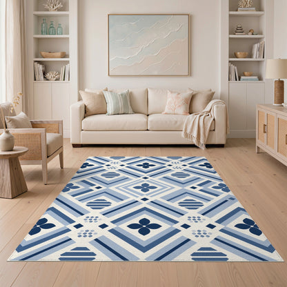 Blue Geometric Floral Washable Area Rug
