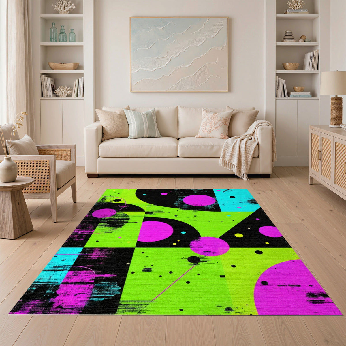 Neon Geometric Circles Area Rug