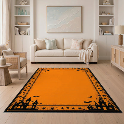 Orange Halloween Area Rug with Bats and Haunted Houses