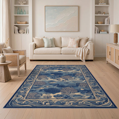 Coastal Beach Blue Ocean Fish Coral Area Rug