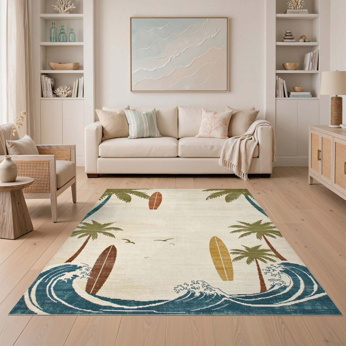 Coastal Beach Palm Tree Surfboard Beige Area Rug