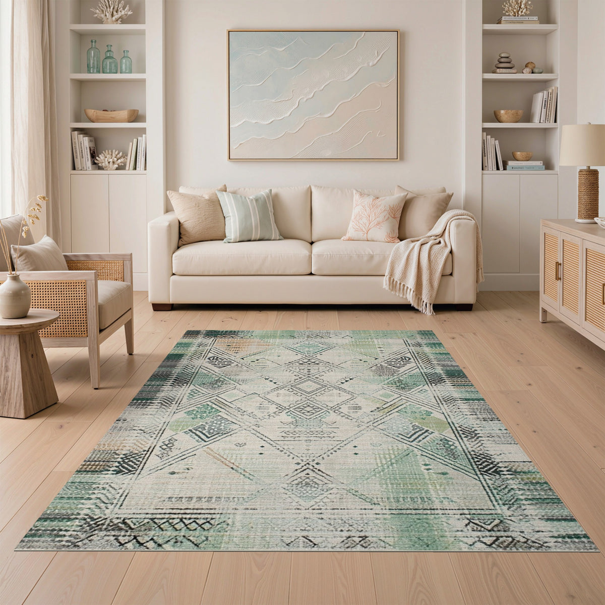 Teal Distressed Tribal Area Rug