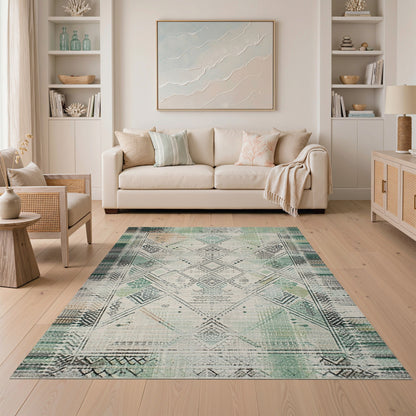Teal Distressed Tribal Area Rug
