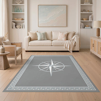 Grey Compass Rose Geometric Area Rug