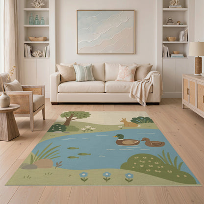 Whimsical Pond Duck Rabbit Kids Area Rug