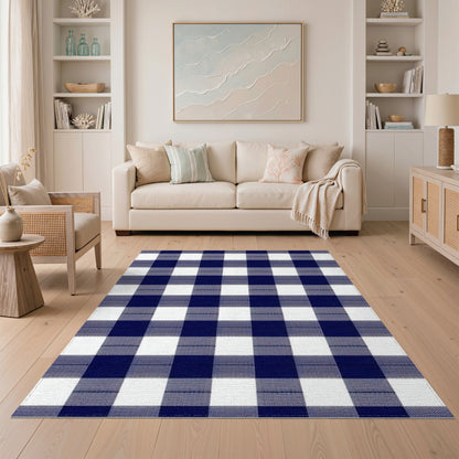 Washable Blue and Teal Navy Blue Checkered Washable Area Rug