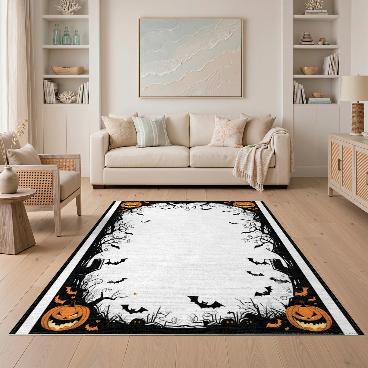 Spooky Halloween Pumpkins and Bats Area Rug