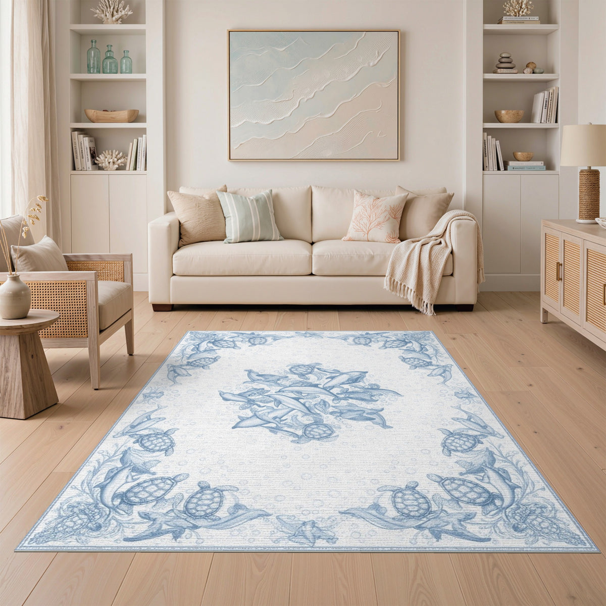 Blue Ocean Marine Life Washable Area Rug