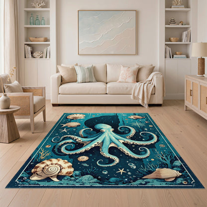 Coastal Beach Blue Octopus Coastal Area Rug
