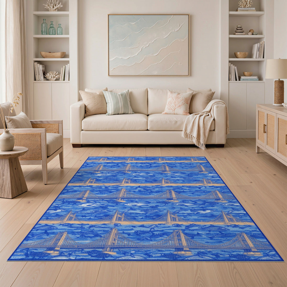 Blue Coastal Bridge Ocean Life Area Rug