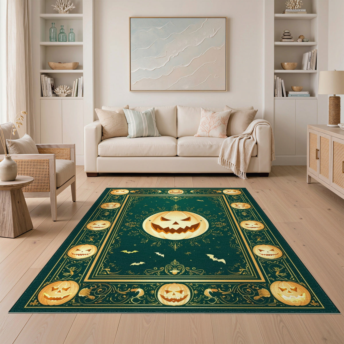 Green Halloween Pumpkin Area Rug with Gold Border