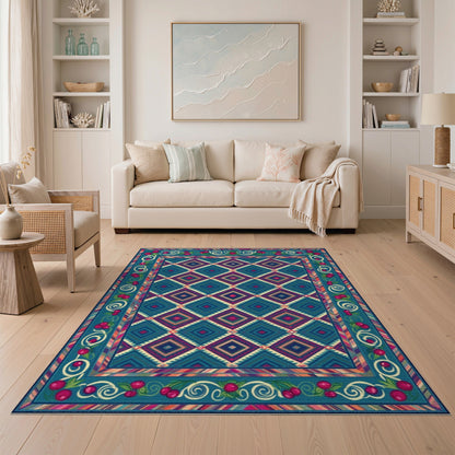 Cherry Border Teal Geometric Area Rug