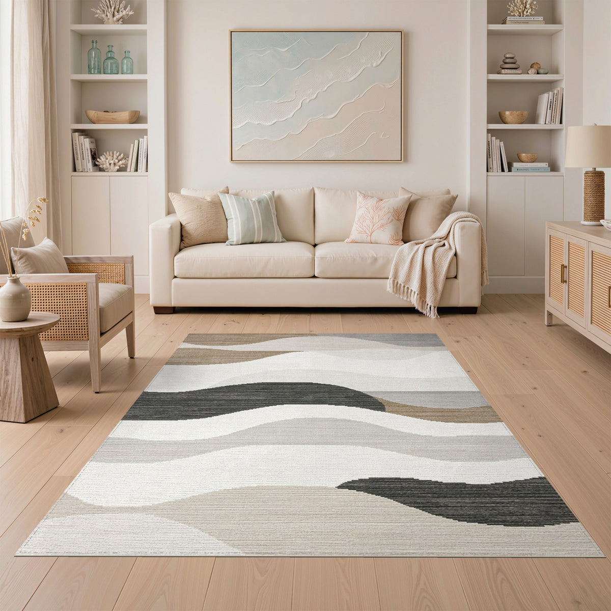 Brown and Tan Abstract Wave Neutral Area Rug