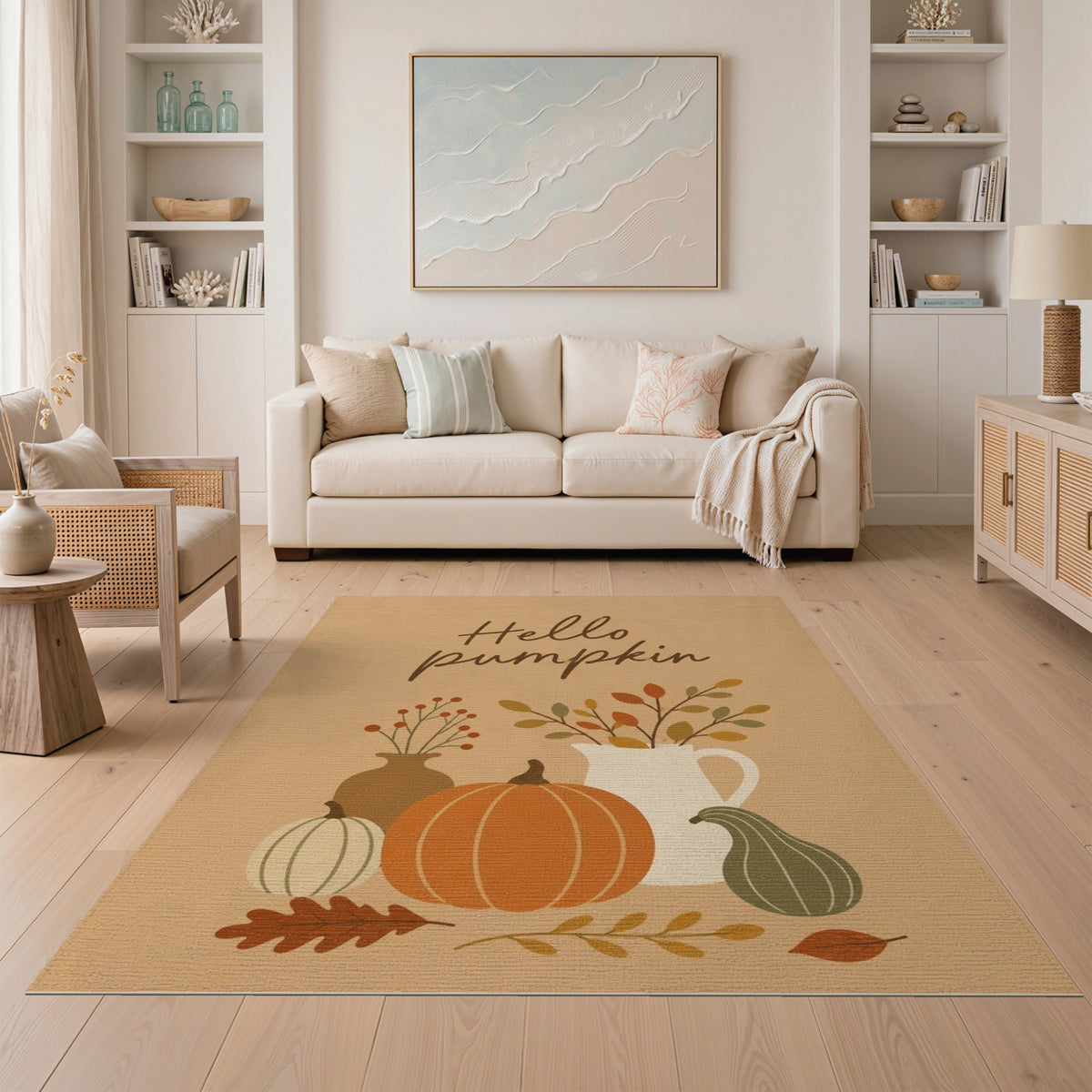 Brown and Tan Hello Pumpkin Rustic Area Rug