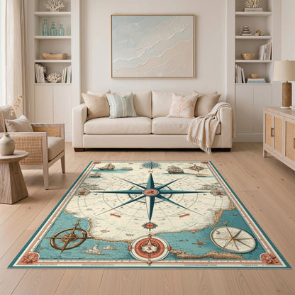 Vintage Nautical Compass Blue and Teal Area Rug