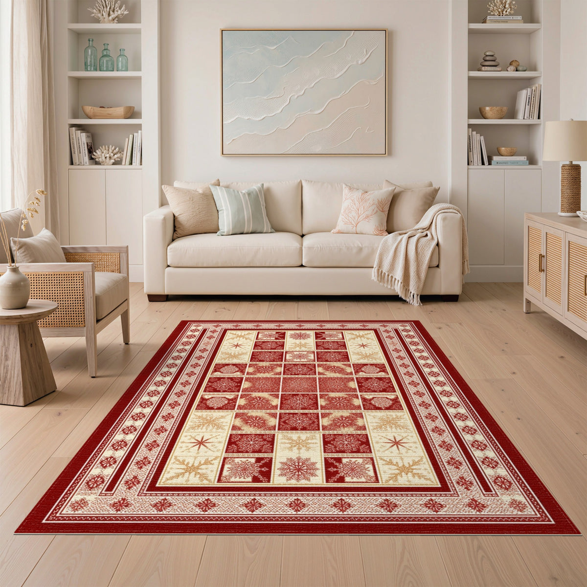 Red Snowflake Geometric Area Rug