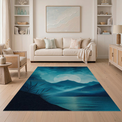 Blue Teal Moonlit Mountains Washable Area Rug