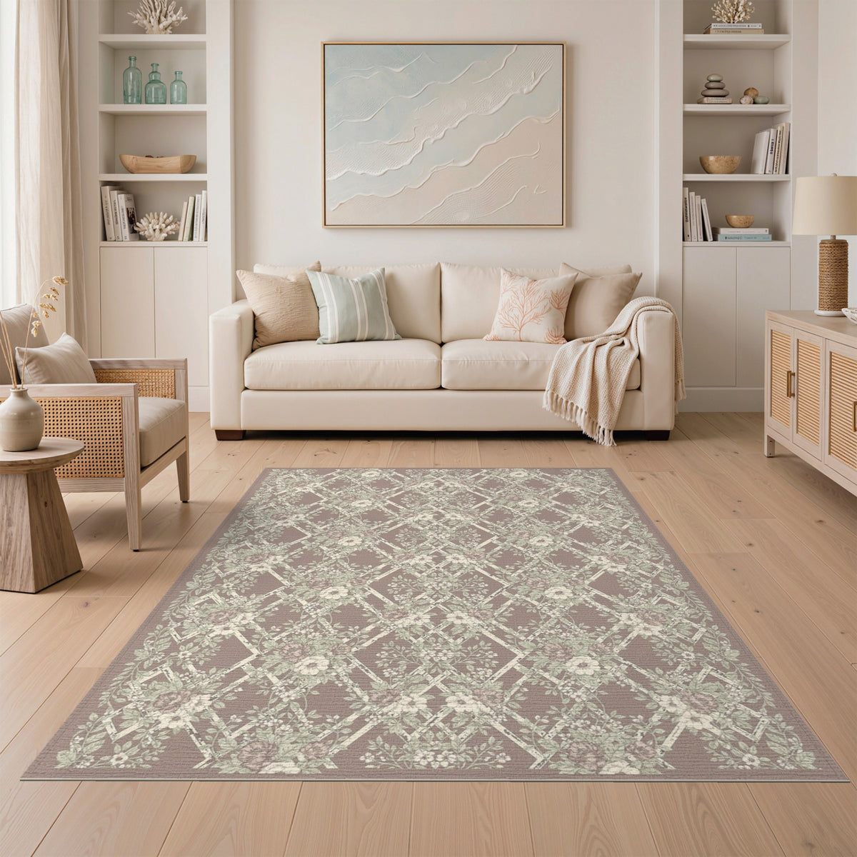 Vintage Floral Trellis Brown Area Rug