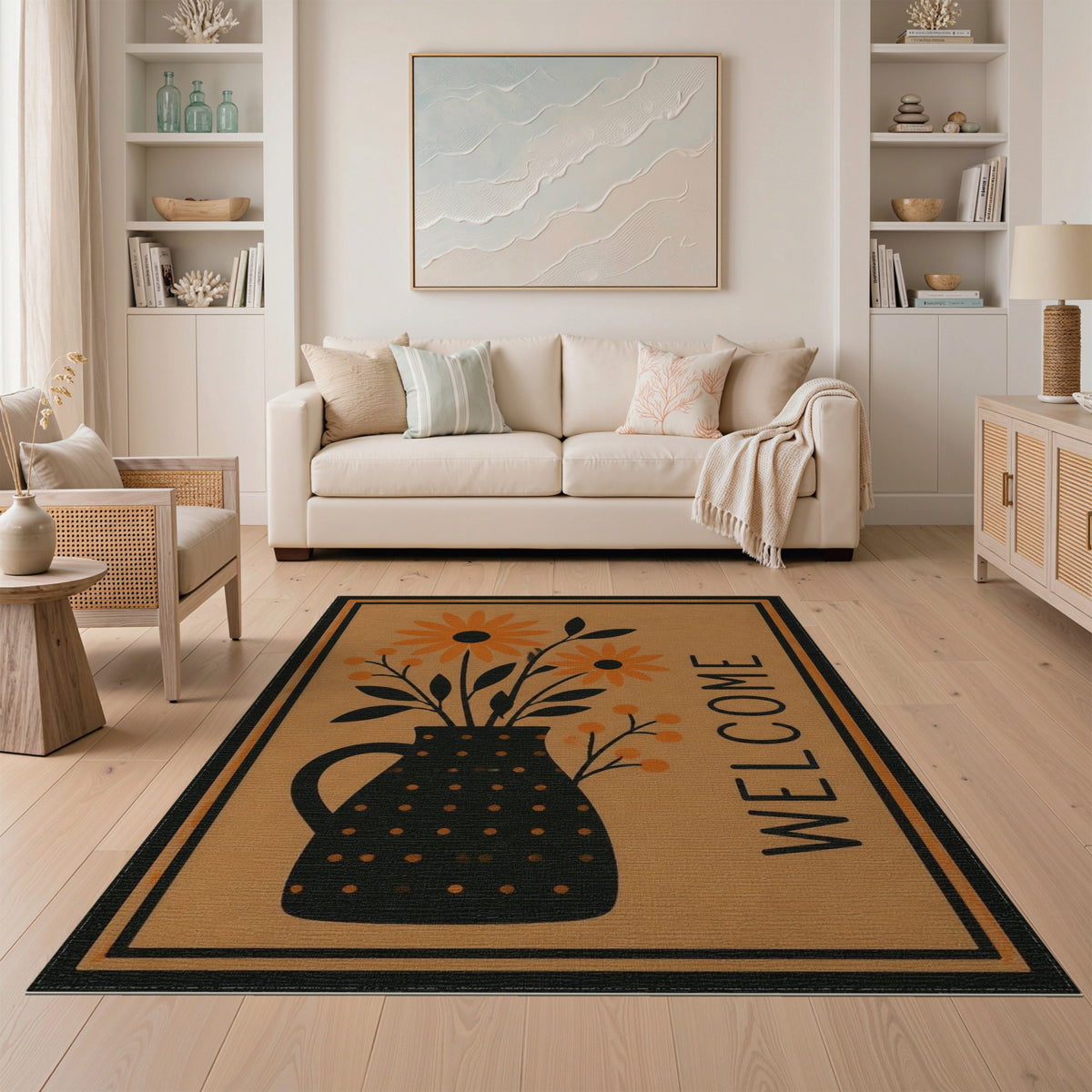 Orange Daisy Pitcher Welcome Area Rug