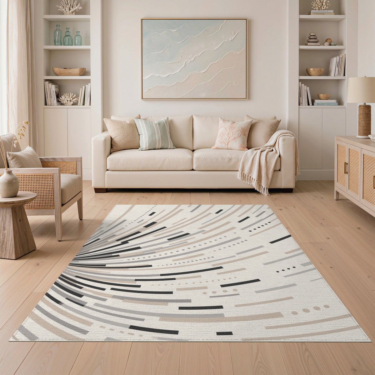 Beige Geometric Lines Beige and Neutral Area Rug