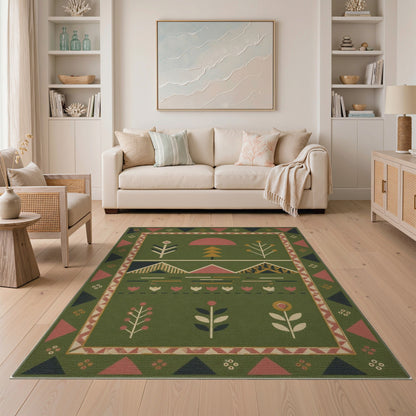 Green Geometric Landscape Area Rug
