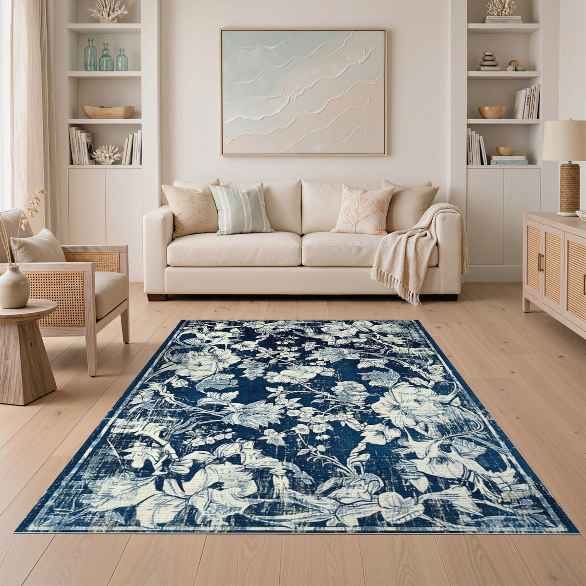 Navy Blue Floral Distressed Vintage Area Rug