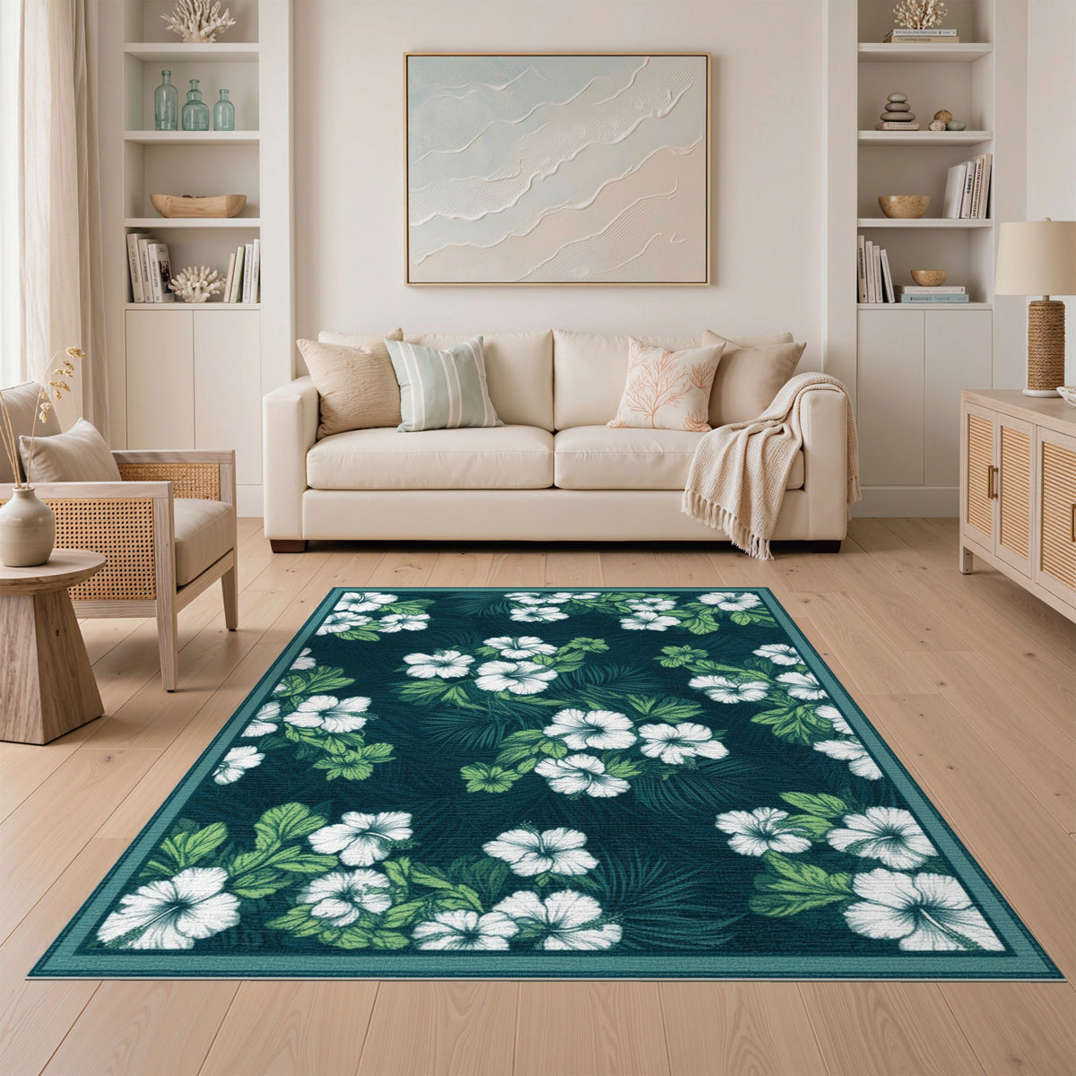 Blue and Teal Hibiscus Floral Area Rug