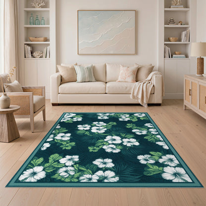 Blue and Teal Hibiscus Floral Area Rug