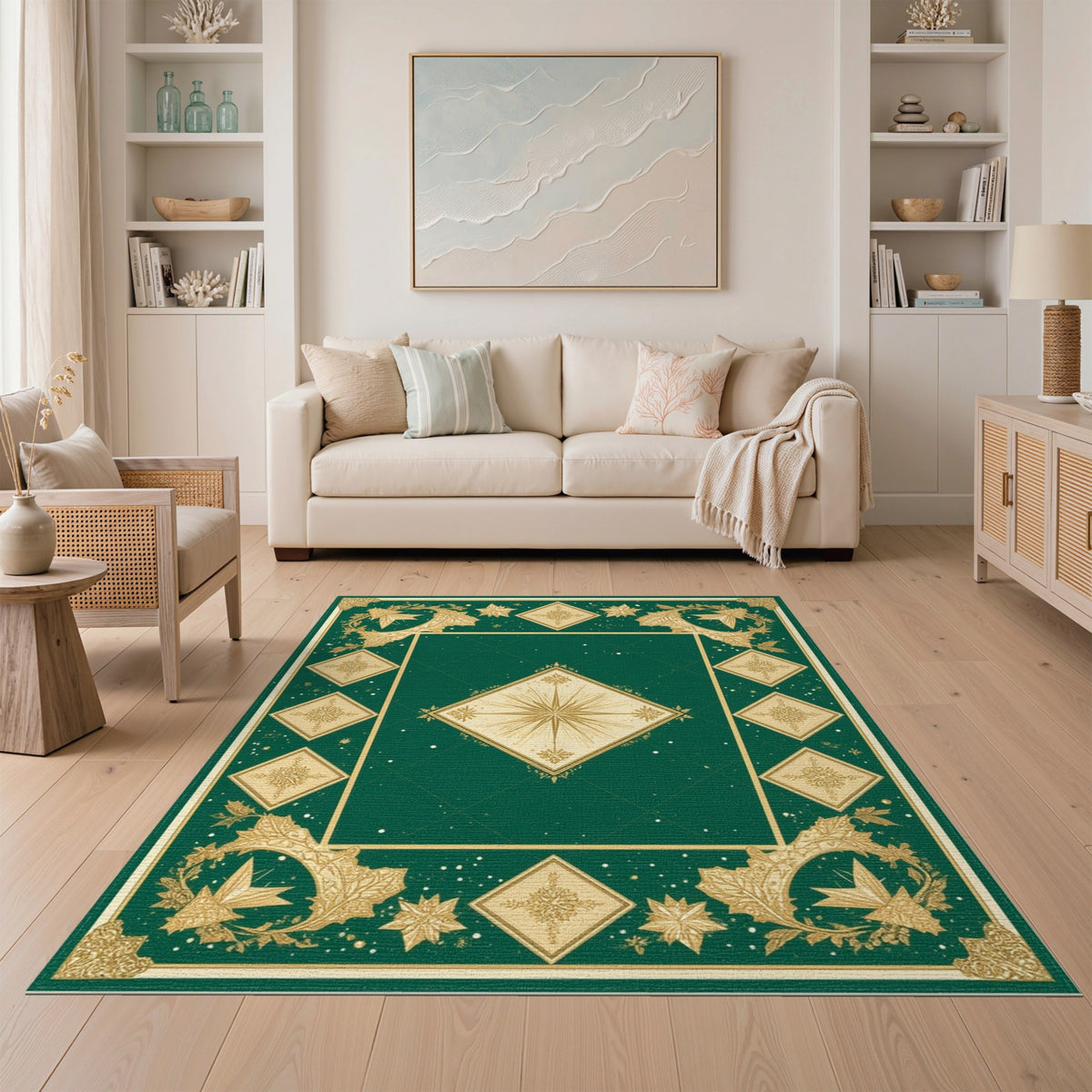 Green Gold Snowflake Starburst Area Rug