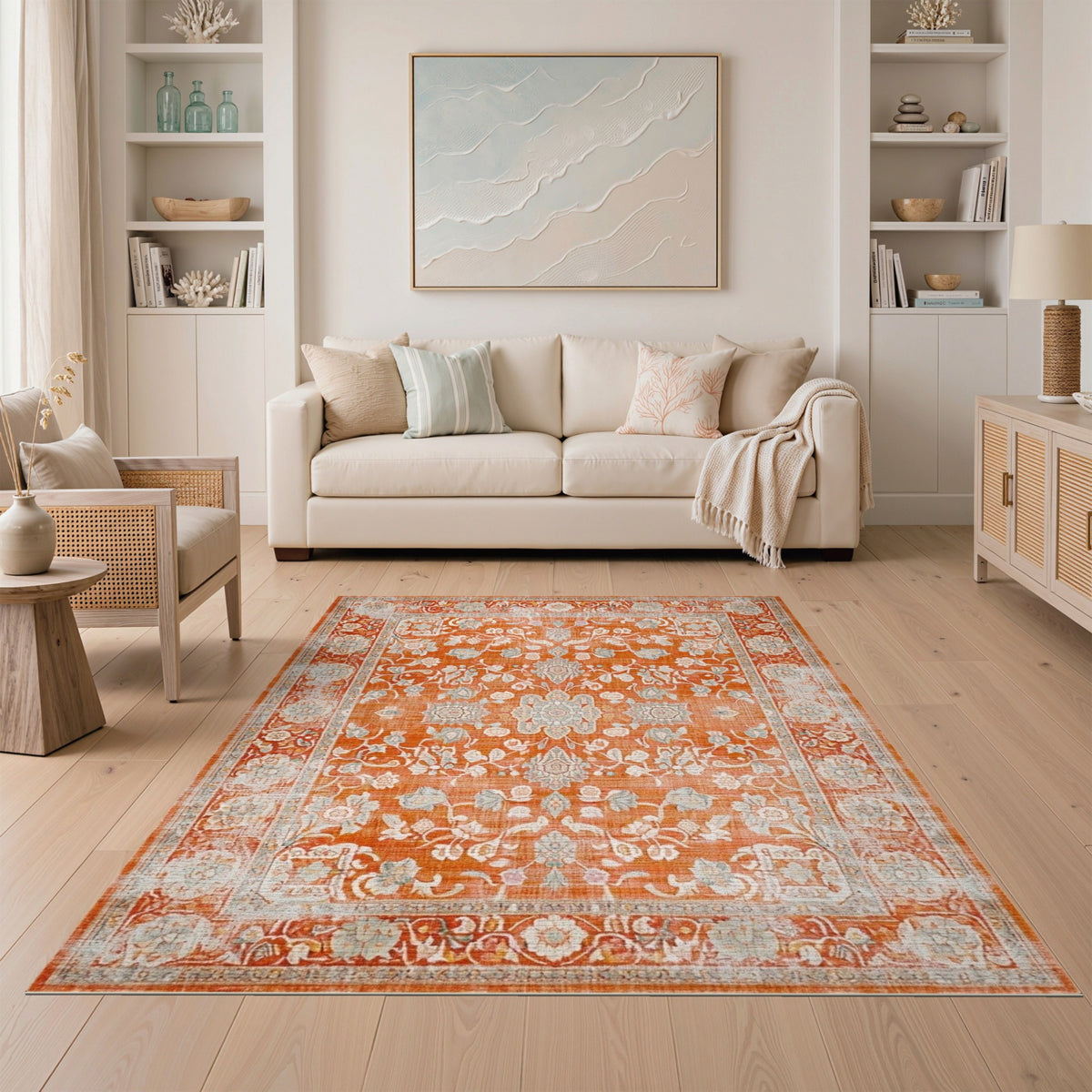 Orange Floral Vintage Area Rug