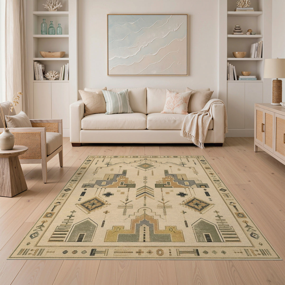Beige Geometric Area Rug with Tribal Motifs