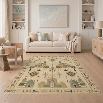 Beige Geometric Area Rug with Tribal Motifs