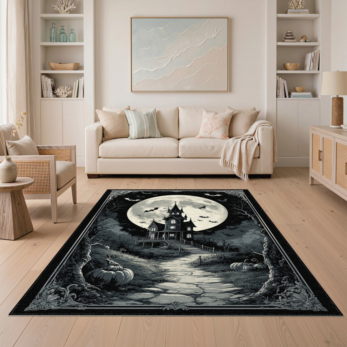 Haunted Mansion Black White Washable Area Rug