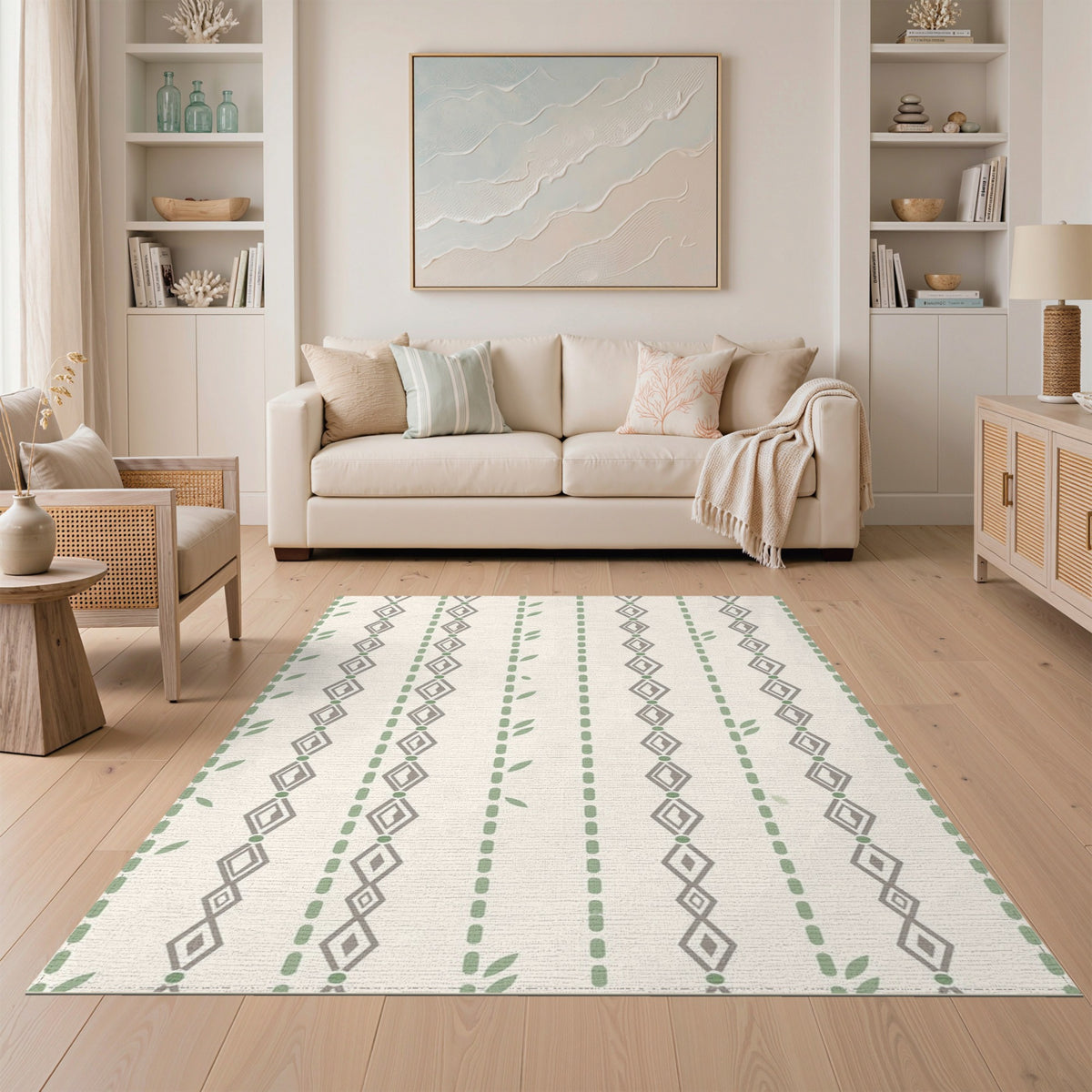 Beige Geometric Leaf Stripe Area Rug