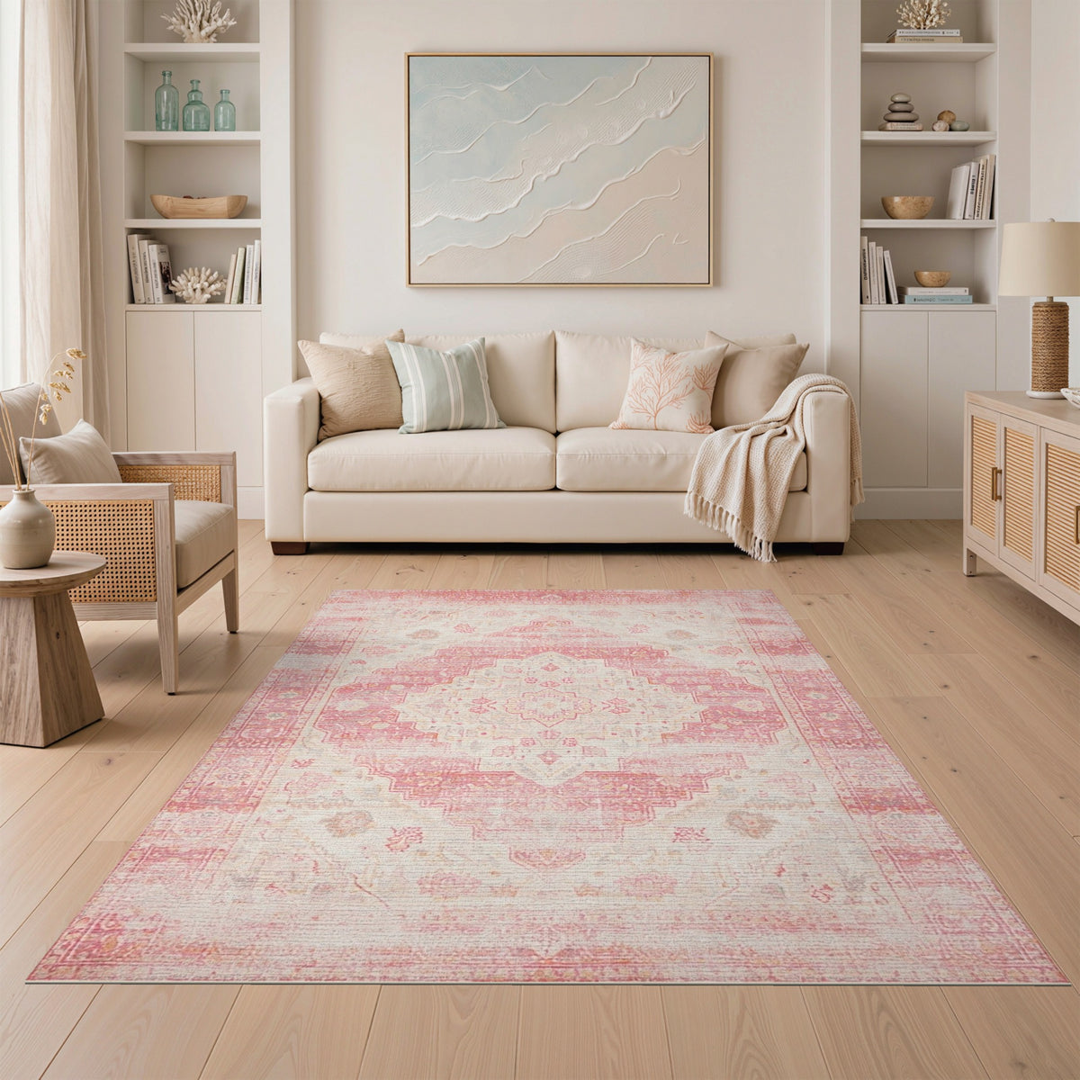 Pink Distressed Vintage Medallion Pink Area Rug