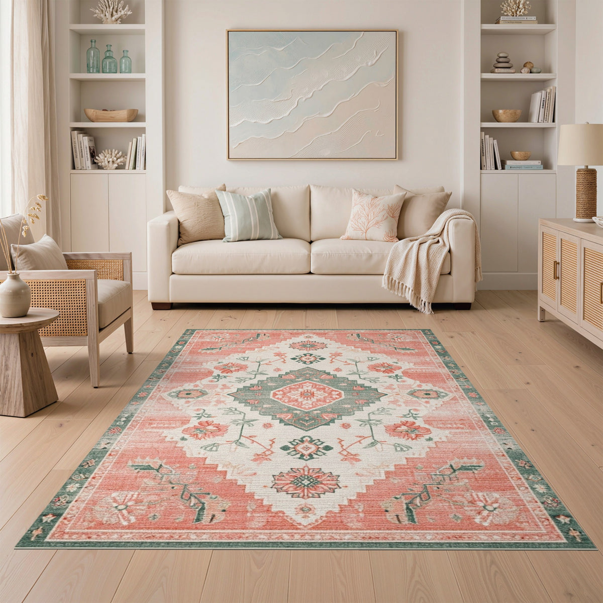Coral Teal Floral Medallion Area Rug