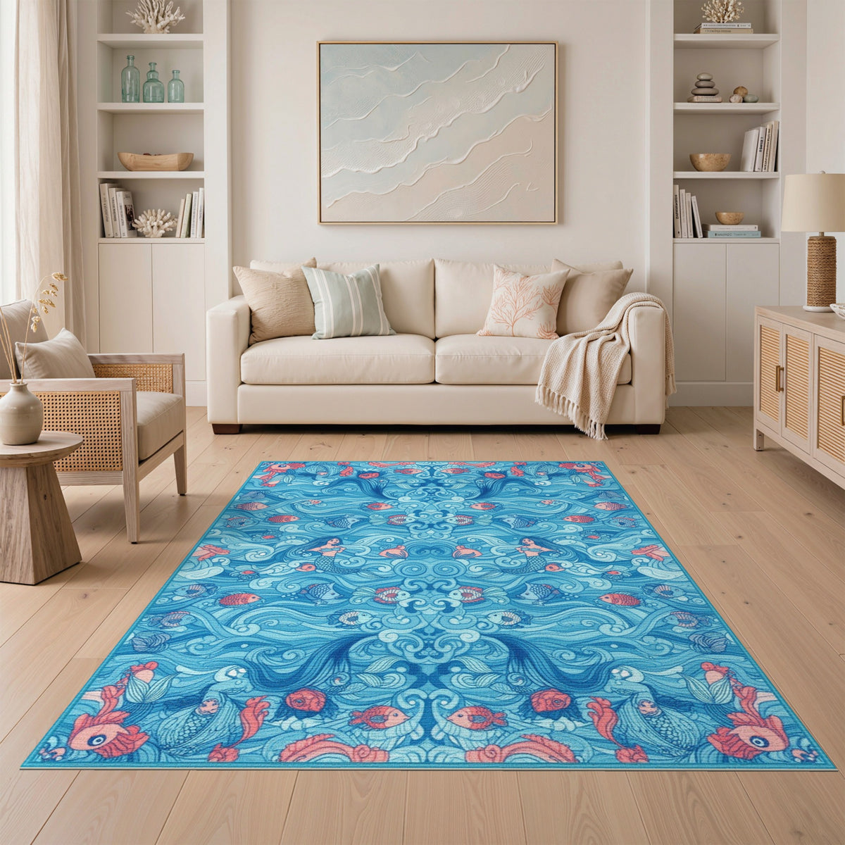 Blue Mermaid Ocean Waves Area Rug