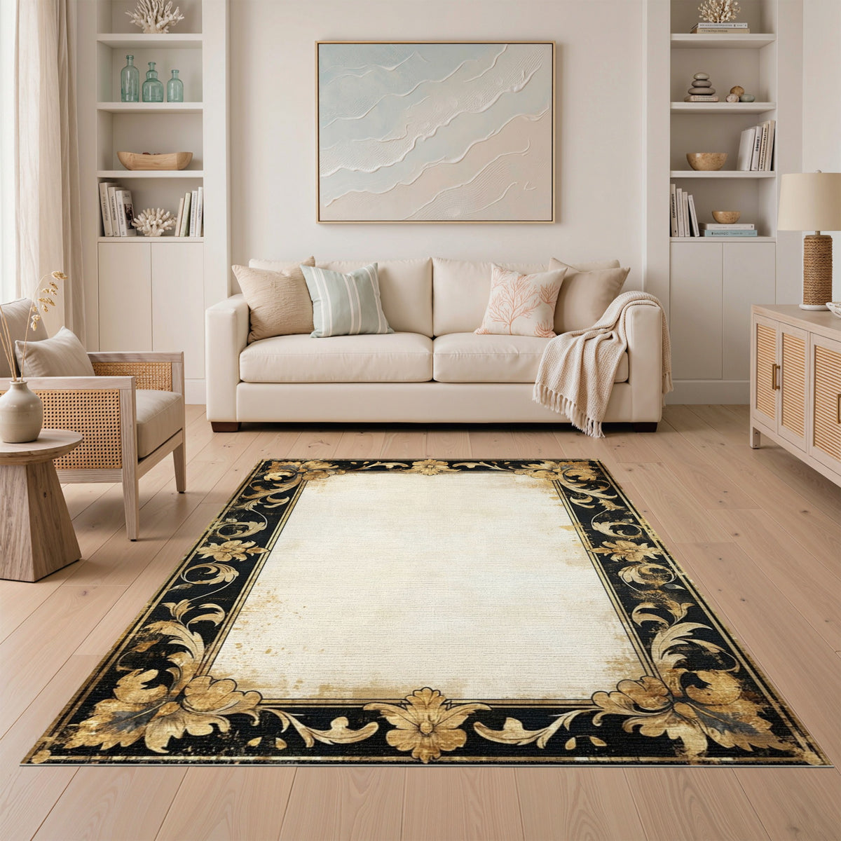 Distressed Vintage Gold Floral Area Rug