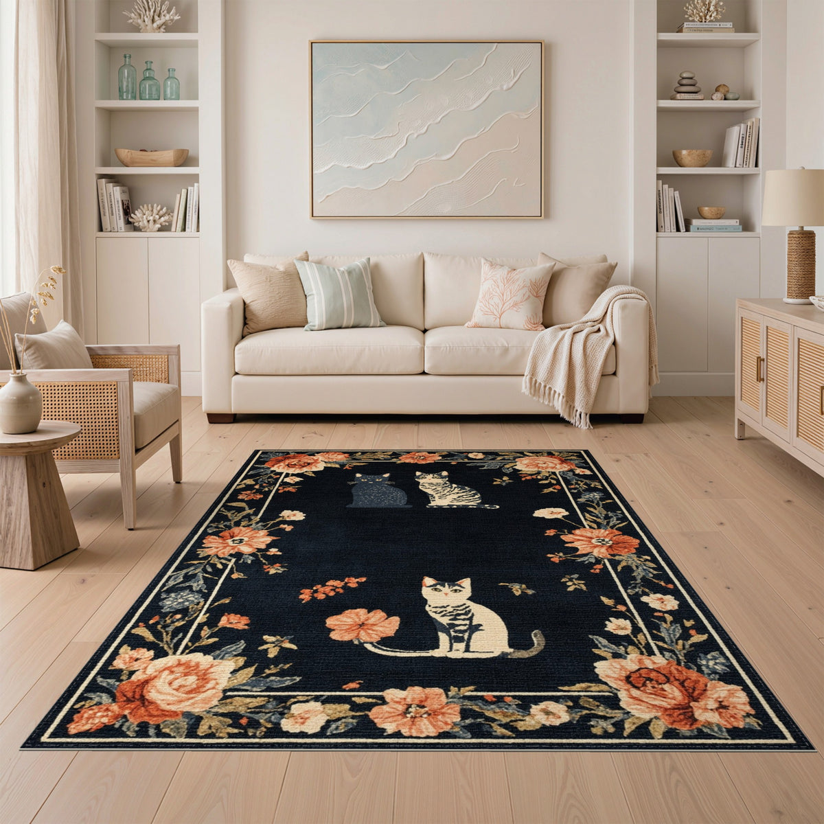Black and White Black Cat Floral Vintage Area Rug