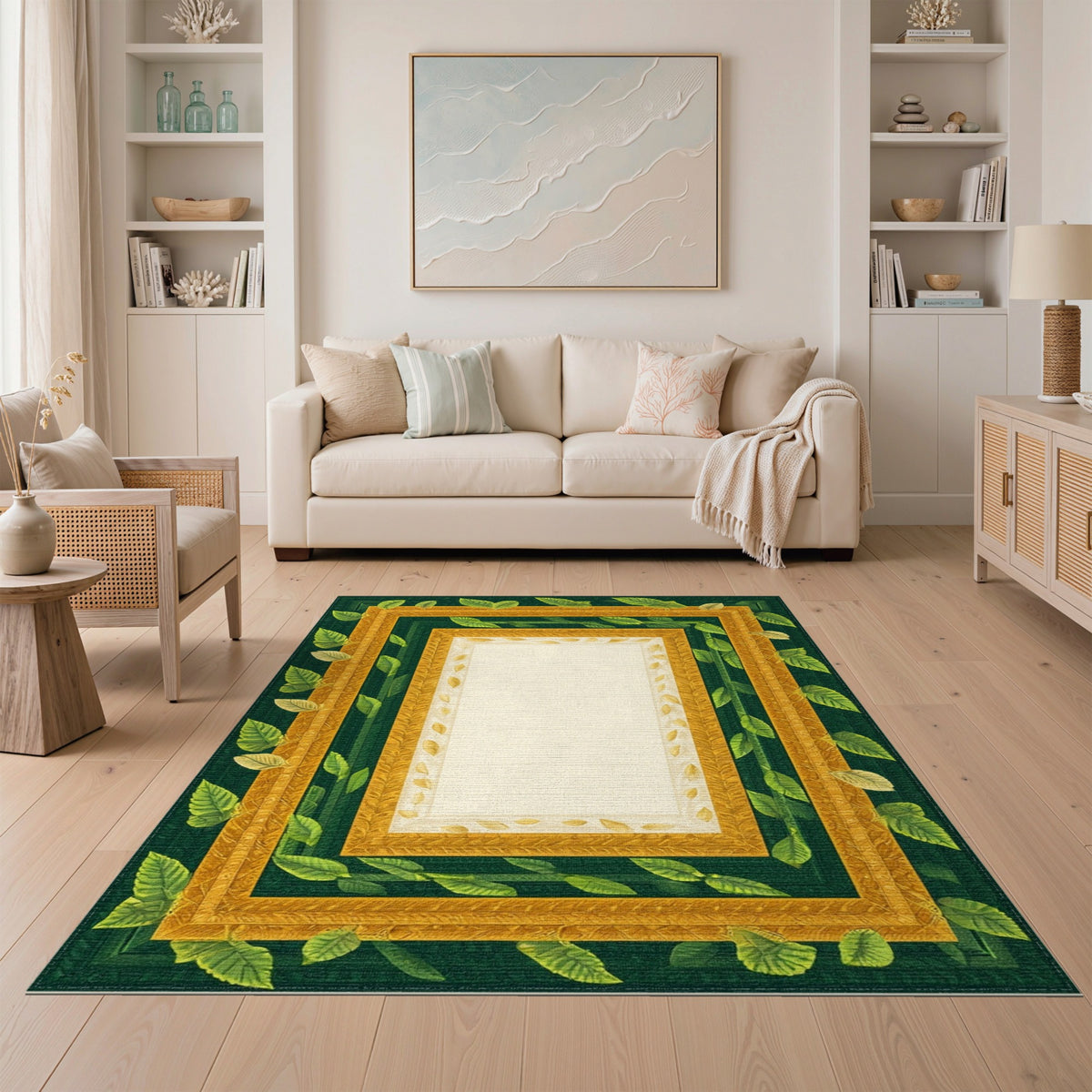 Green Gold Leaf Ornate Frame Area Rug