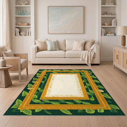 Green Gold Leaf Ornate Frame Area Rug