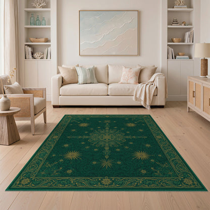 Green Persian Rug with Gold Starburst Motifs