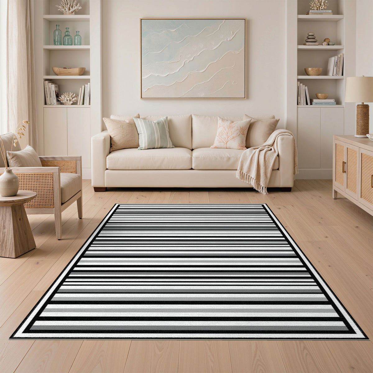 Black White Horizontal Stripe Geometric Rug
