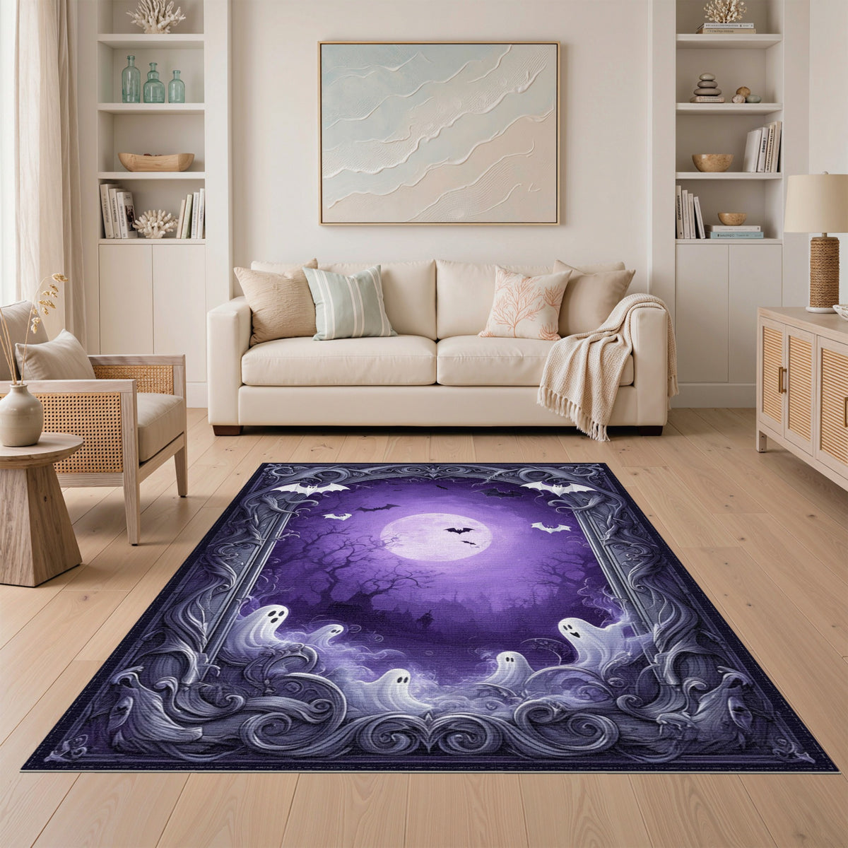 Spooky Purple Ghosts and Bats Halloween Rug