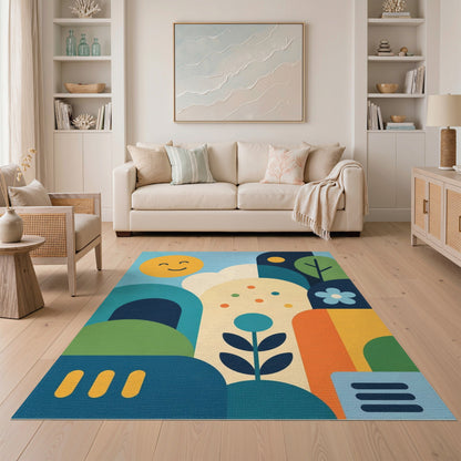 Smiling Sun Blue Teal Kids Cartoon Washable Area Rug