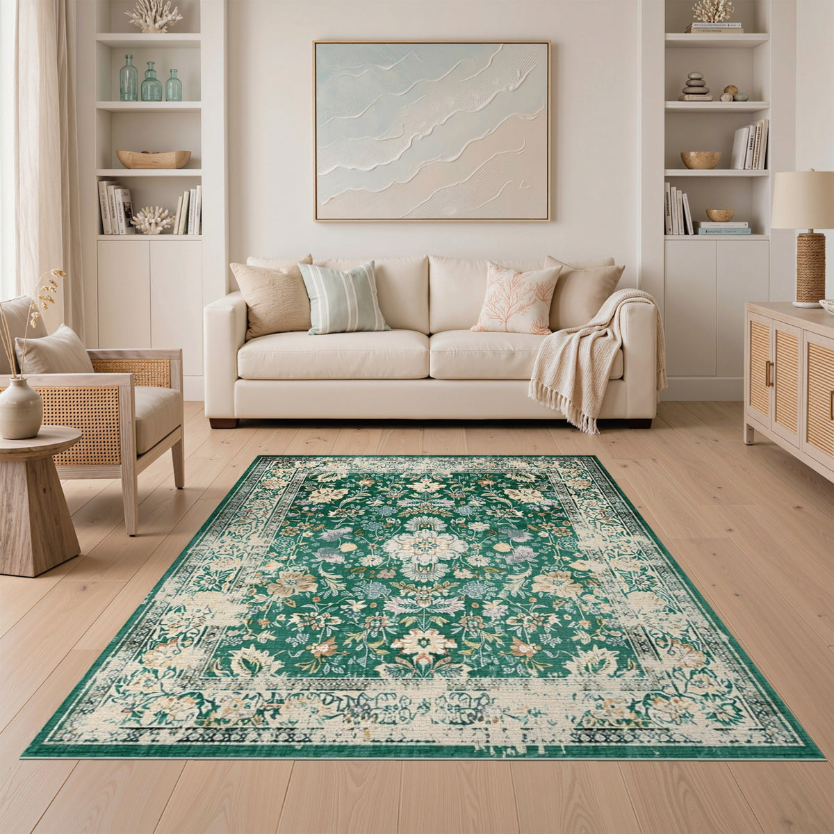 Green Floral Vintage Area Rug
