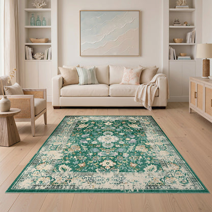 Green Floral Vintage Area Rug
